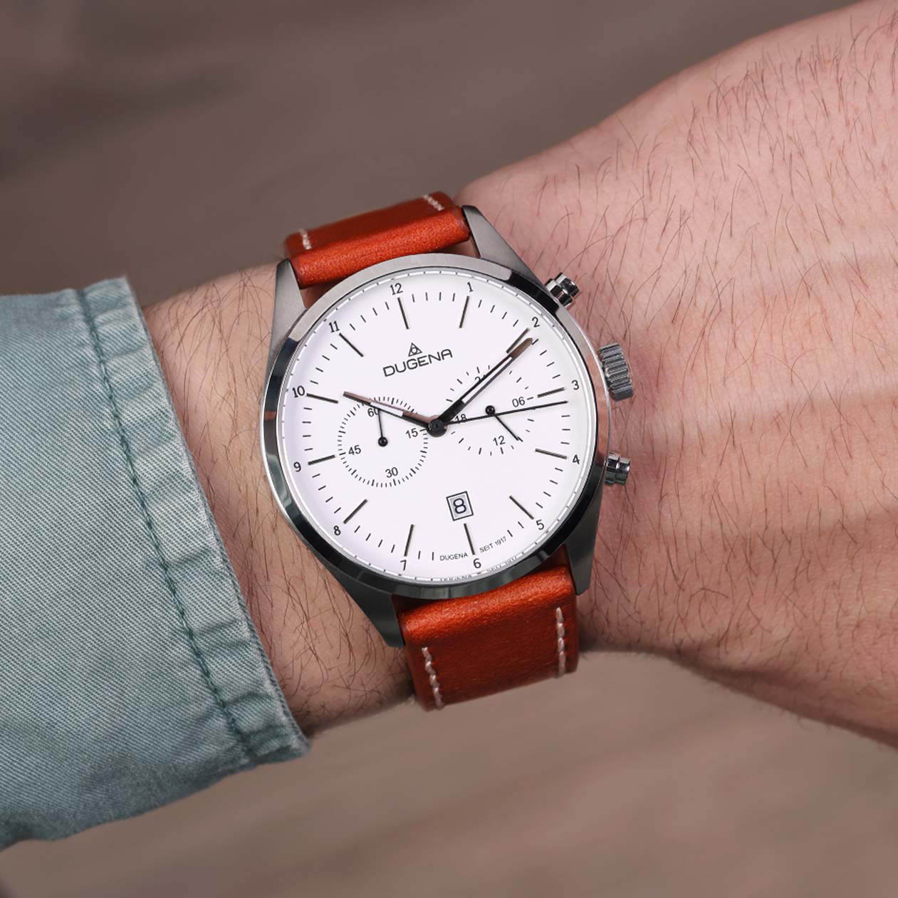 Dakar Chrono Weiß Silber Lederband Braun